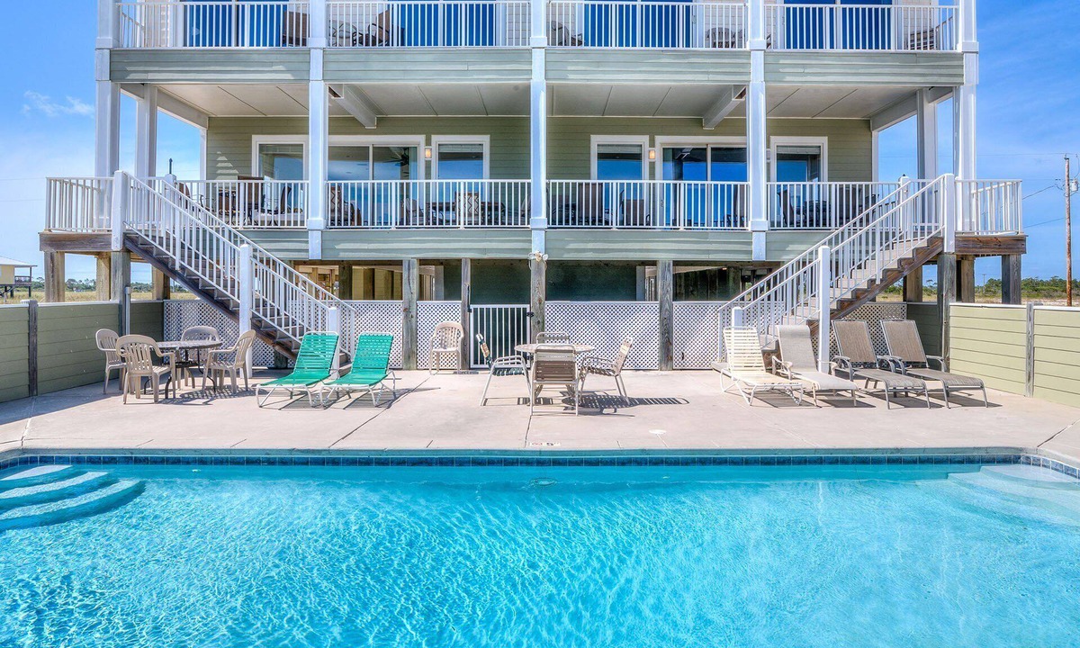 Fort Morgan House | Beach Castle, E/W. 16BR duplex. Sleeps 54. Large Pool! Decks. Beachfront. Value!